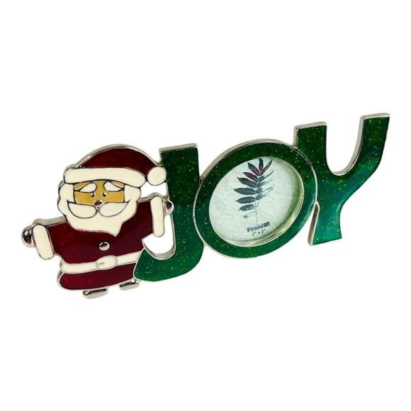 Santa Joy Picture Frame 6.5” Christmas Decor Holds 2” Round Photo Glitter Vtg - Picture 4 of 7